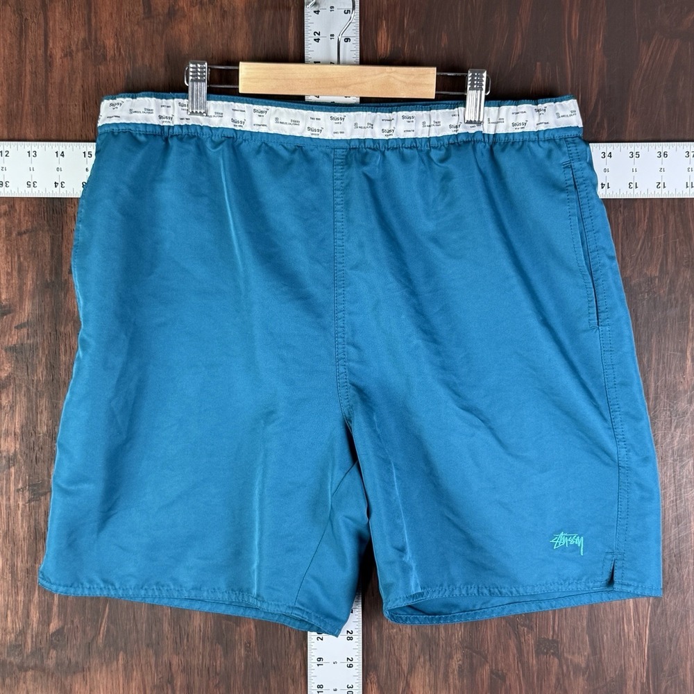 Stussy Streetwear Swim Trunks Logo Skate Woven Shorts Teal‎ Blue Men's Large EUC